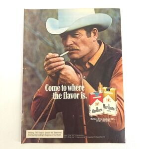 Vintage Marlboro Cowboy Print Ad Smoking Western Retro Wall Promo Mancave Decor